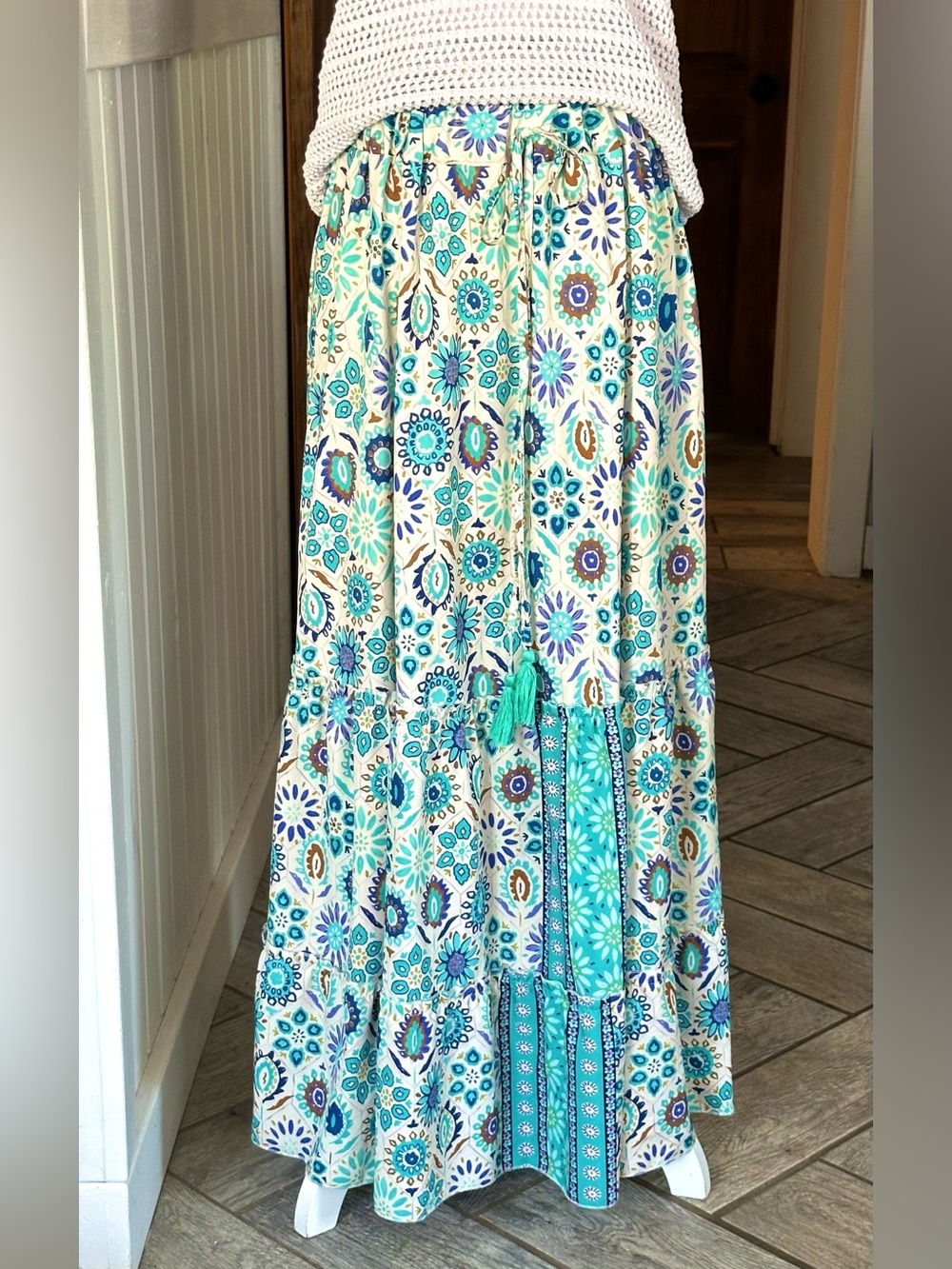 Boho Floral Patchwork Maxi Skirt XL Teal Blue Tassel Tie Tiered Draped Flowy